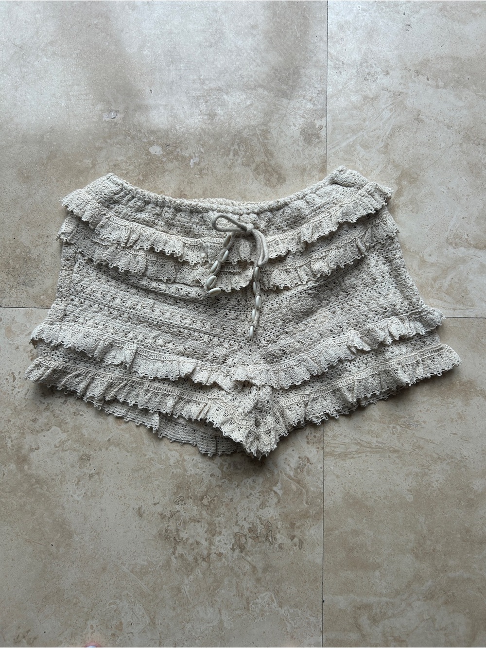 Zara Crochet Ruffle High Waist Shorts - Cream